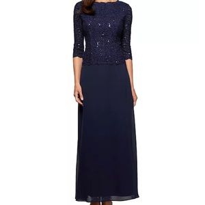 Navy Sequined Lace Gown